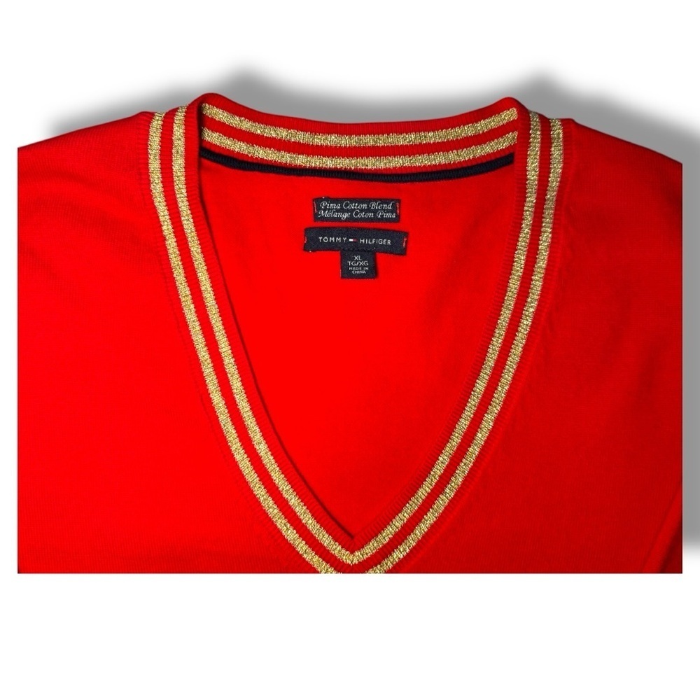 Tommy Hilfiger Red V-Neck Sweater with Gold Metallic Trim – Size XL - Picture 3 of 7